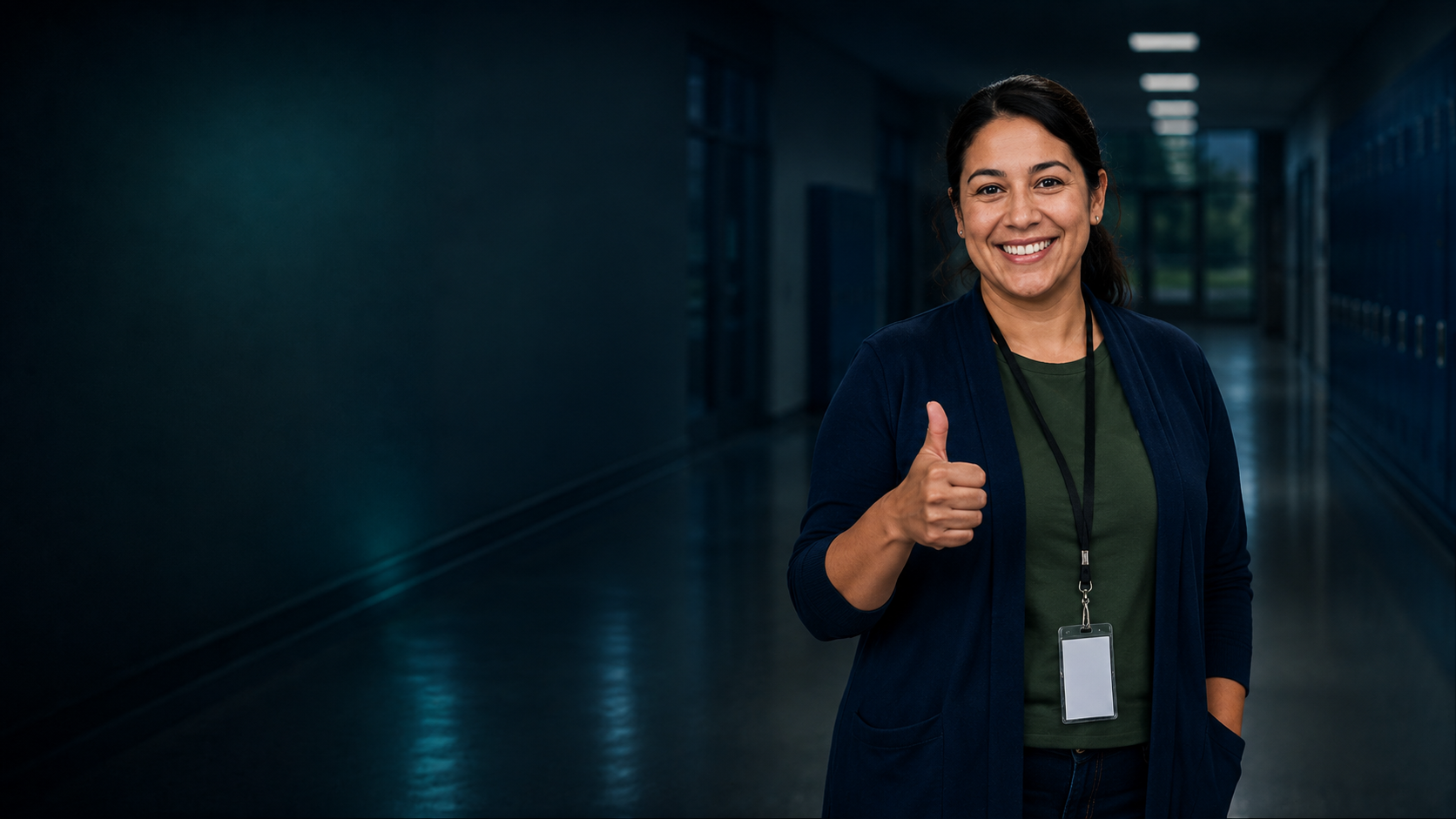 A smiling paraprofessional giving a thumbs up in a school hallway